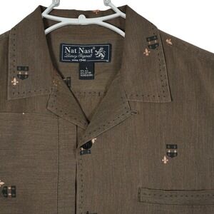 Nat Nast Mens Silk Cotton Camp Shirt Cigar Brown Crest Print Large - Read